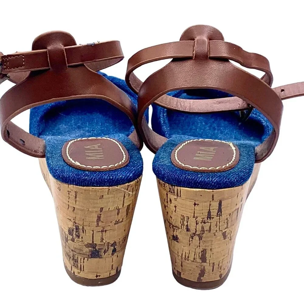 MIA Blue Denim Knot Espadrille Wedge Sandals Cork Size 8.5 Open Toe